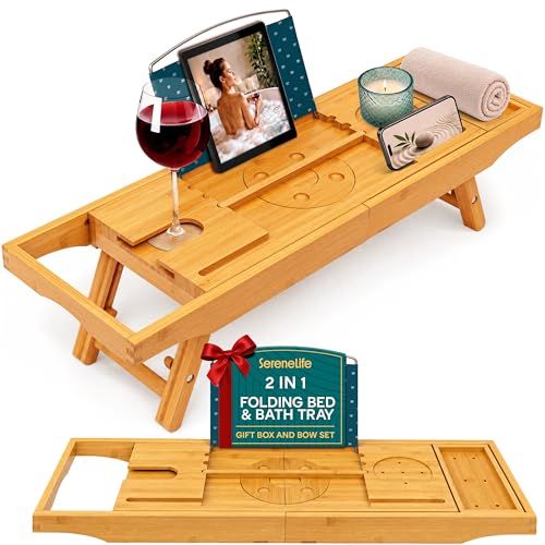 SereneLife 2-in-1 Foldable Bamboo Bathtub Caddy - Adjustable, Non-Slip, Device & Wine Glass Holder, Standard, Folding Set