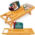 SereneLife 2-in-1 Foldable Bamboo Bathtub Caddy - Adjustable, Non-Slip, Device & Wine Glass Holder, Standard, Folding Set