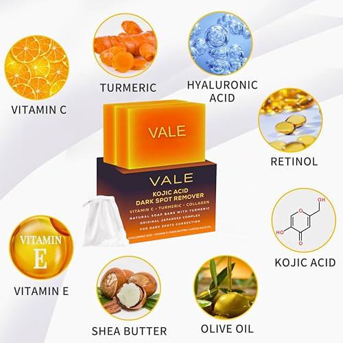 VALE Kojic Acid & Turmeric Soap Bar (2-Pack) ? Natural Dark Spot Remover & Original Japanese Complex with Vitamin C, E, Collagen, Retinol, Olive Oil & Shea Butter(Citrus)