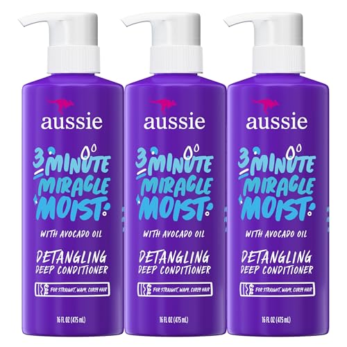 Aussie 3 Minute Miracle Moist Deep Conditioner Unscented - Avocado & Jojoba Oil, 16 fl oz each, Pack of 3