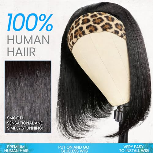 AISI 10In Headband Bob Wig Human Hair No Lace Glueless with Leopard Headband