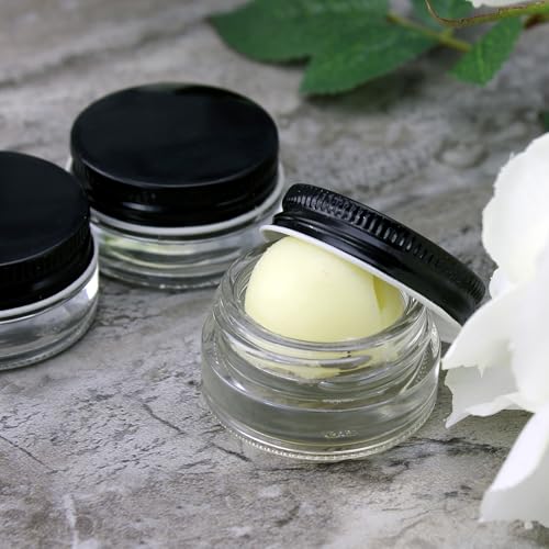 Glass Lip Balm Jars Set of 24 - 7ml Clear Containers with Black Lids