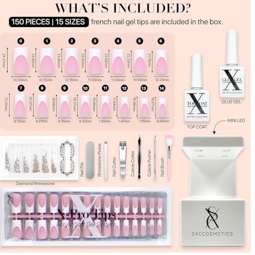French Tip Press On Nails - Pink Series, Medium Square, 150PCS, 15 Sizes, 5 Styles, Starter Kit - Variation 01 P117KIT2-M