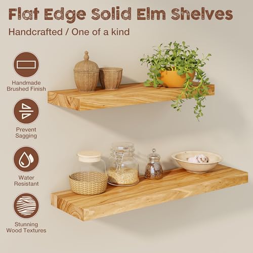 Fuqing Floating Wall Shelves - Natural Elm Flat Edge, 24 Inch, 2-Pack