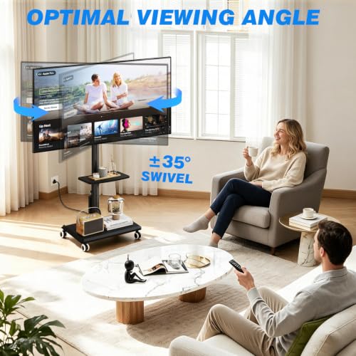 Rfiver Black Rolling TV Stand for 32-65 Inch TVs with Power Outlet & Swivel