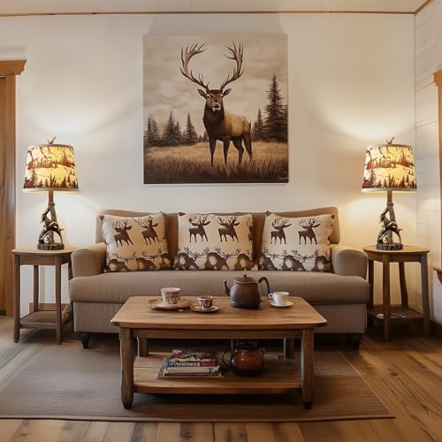 Rustic Deer Antler Table Lamps Set of 2 - Brown Forest Print Shade, Log Cabin Bedroom Nightstand, Western Country Style, 23 Inch