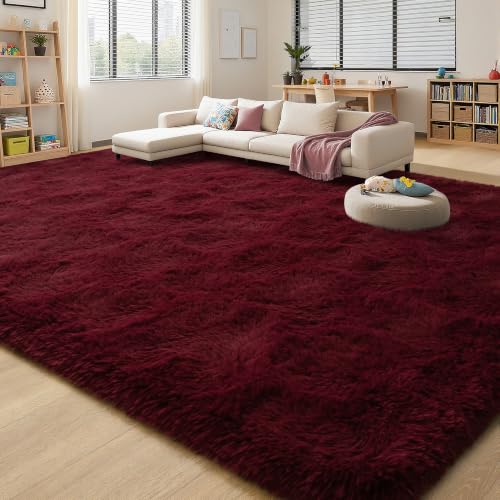 Wine Red 8x10 Burgundy Plush Area Rug - FALARK Large Non-Slip Shag Carpet