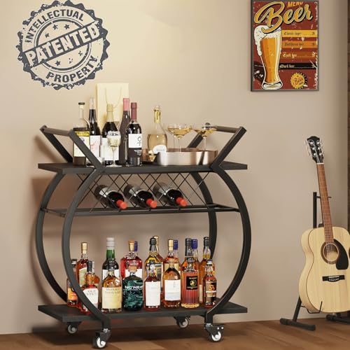 Black Arc-Shaped Bar Cart with Wheels and Wine Rack - Industrial Home Beverage Trolley with Storage