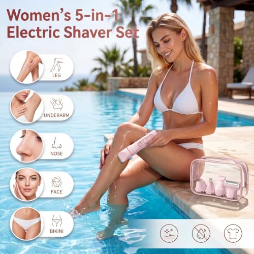 Pink 5-in-1 Women's Electric Bikini Trimmer & Razor Waterproof USB Rechargeable