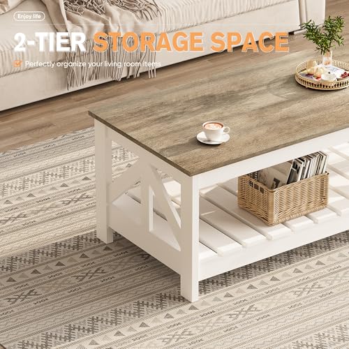 YESHOMY Farmhouse Coffee Table with Storage - Gray & White Rectangular