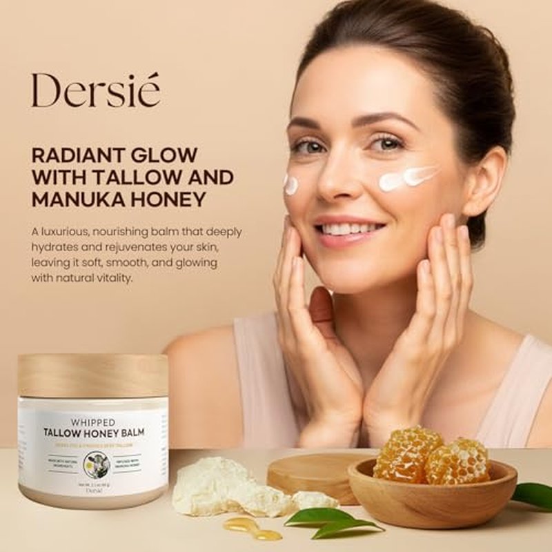 Dersie Tallow and Honey Balm for Face: 100% Grass-Fed Whipped Tallow Balm with Manuka Honey for Dry, Sensitive & Mature Skin ? Deep Hydration & Soothing ? Suitable for Women, Men & Kids (2.1 oz)