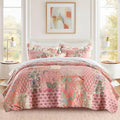 Pink Floral Cotton Quilt Set Queen Size Reversible Bedspread for All Seasons