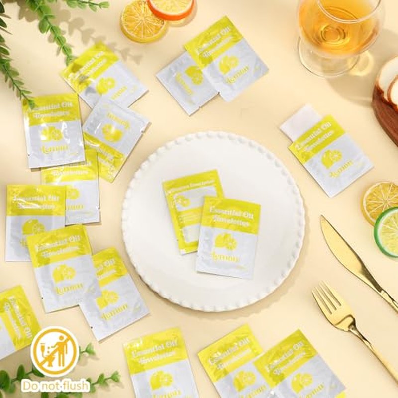 200 Pcs Essential Oil Wipes Wet Wipes Hand Individually Wrapped Wipe Bulk Single Use for Travel Clean Hands Sensitive Skin Backpacking Hypoallergenic Wipe Camping (Lemon)