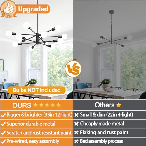 12-Light Matte Black Modern Sputnik Chandelier - Adjustable Height Ceiling Light Fixture