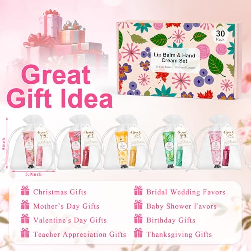 Bulk Lip Balm & Hand Cream Gift Set with Organza Bags - 30pcs for Women