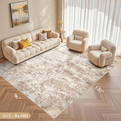 8x10 Abstract Washable Area Rug for Living Room - Brown, Non-Slip Backing, Soft & Stain-Resistant