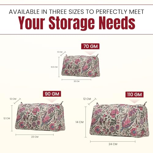 Set of 3 Cotton Floral Print Toiletry Bags for Women Travel Makeup Organizer - Off White