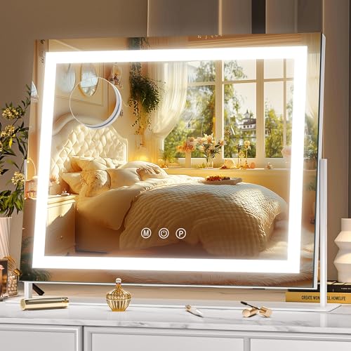 Hasipu Vanity Mirror with Lights, 13.8" x 10.6" LED Makeup Mirror, Light up Mirror with 10X Magnification, Smart Touch 3 Colors Dimmable, 360¡Æ Rotation (White)