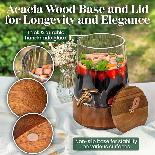 FOODLE 1 Gallon Glass Drink Dispenser with Spigot & Acacia Stand