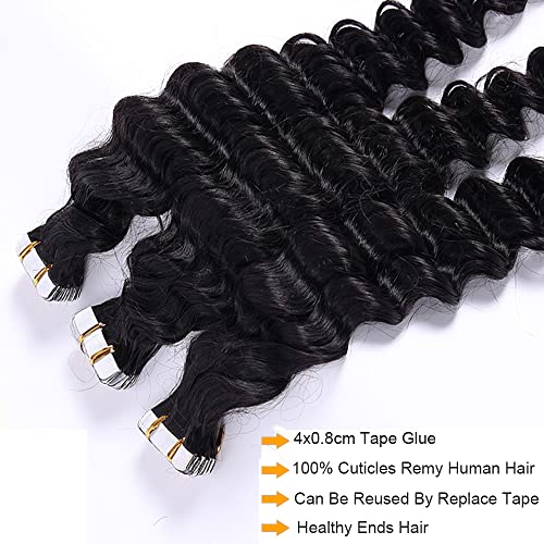 Deep Wave Tape-In Hair Extensions 16 Inch - 20pcs/Pack, 50g, Seamless Human Hair with Reusable Tape - Variation #1B-DW 50