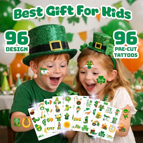96 PCS St Patricks Day Shamrock Pre-Cut Temporary Tattoos for Kids | Super Cute Themed Birthday Party Favors, Supplies, Decorations, Lucky Fake Tattoo Stickers, School Rewards Gifts For Boys Girls