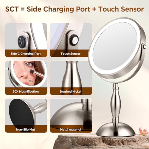 Makeup Mirror with Light, 30x Magnifying Mirror with 3 Lights Colors, 5000mAh Vanity Mirror Brushed Nickel - 360¡Æ Rotation, Brightness Adjustable Magnification, Modern Style Side Touch + Side Charge