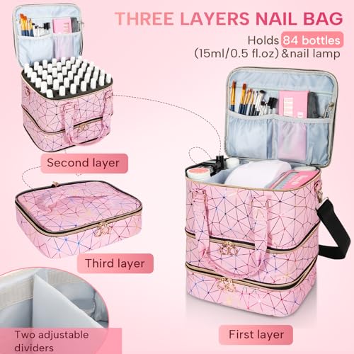 Nail Polish Organizer Bag Holds 84 Bottles & Nail Lamp, 3 Layers Nail Kit Storage Carrying Case Pu Leather, Large Nail Supplies Organizer With Shoulder Strap, Portable Travel Nail Bag,Pink