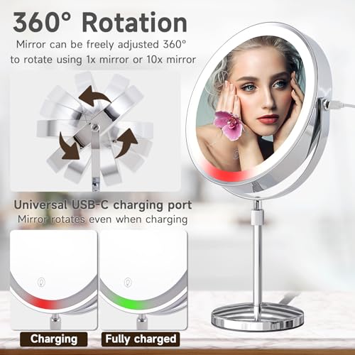 9 Inch Double Sided Makeup Mirror with Lights - 1X/10X Magnification, Rechargeable, 360° Rotation, Adjustable Height - Variation: 9" & 1x/10x