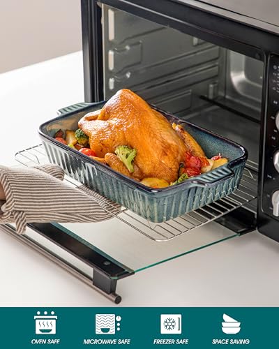 Deep Green Ceramic Casserole Set of 4 - Oven Safe Baking Dishes with Handles