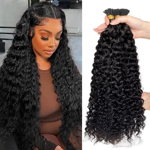 Water Wave Human Hair Extensions I Tip 16 Inch 50G Natural Black Micro Link