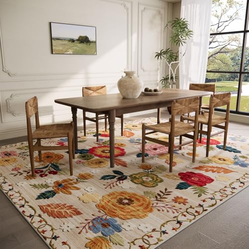 Beige Floral 8x10 Area Rug - Washable Non-Slip Bedroom Living Room Carpet