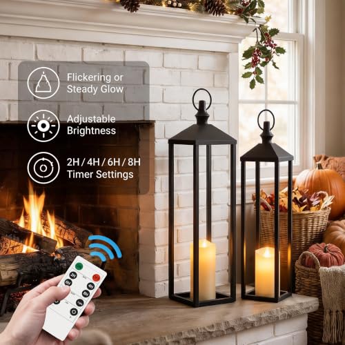 Large Indoor & Outdoor Floor Lanterns Set of 2 with Remote LED Candles