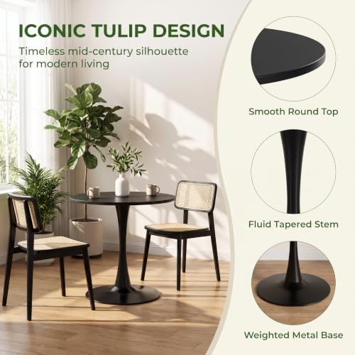 Small Round Dining Table 28-inch Tulip Table with Metal Pedestal, Black