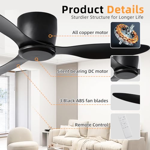 42 Inch Black Ceiling Fan No Light with Remote Control - Modern 3-Blade Reversible DC Motor