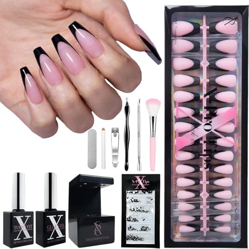 SXC Cosmetics French Tip Press On Nails ? Black Series, Medium Coffin, X-Pro Tips Starter Kit | 150PCS, 15 Sizes, 5 Styles, Beginner-Friendly