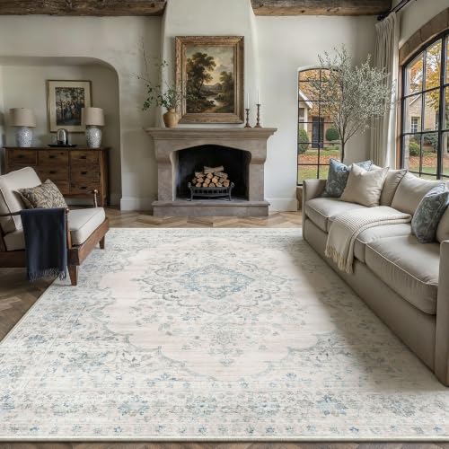 8x10 Blue Washable Neutral Area Rug for Living Room - Non-Slip, Soft