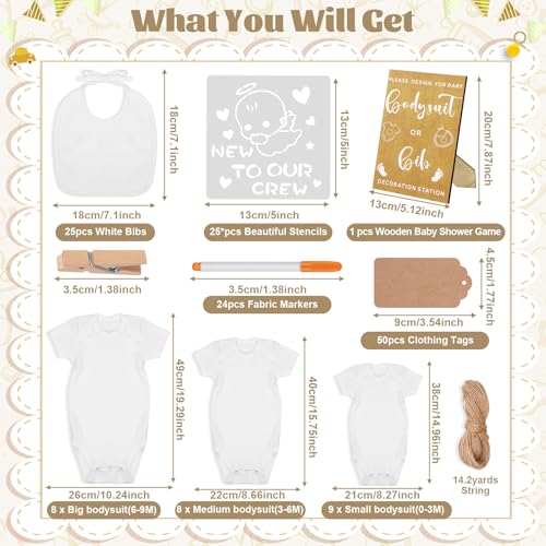 Pydeeirom Classic Kraft Baby Shower Decorating Kit – 201 Pcs including Bibs, Bodysuits, Signs, Stencils & Accessories