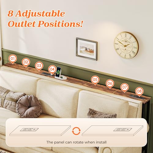 Rustic Brown 79 Inch Sofa Table with 2 Power Outlets & USB-C Ports - Narrow Design