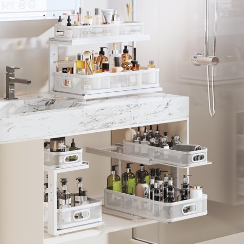 Corbyles 2 Pack 21" Depth Under Sink Organizer with Next-Gen Ball-Bearing Slides, 2-Tier Mesh Pull-Out, Height Adjustable, Anti-Rust White