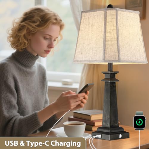 Farmhouse Black Table Lamps Set of 2 - 27.5 inch Touch Dimmable Nightstand Lamps with USB Ports - Vintage Linen Shade