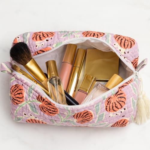 Pink Tiger Block Print Makeup Bag & Toiletry Pouch – Quilted Cotton Travel Organizer for Women