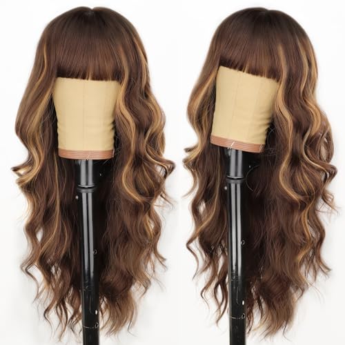 Long Wavy Synthetic Wig for Women - Chocolate Brown with Highlights and Bangs, 26 Inch
