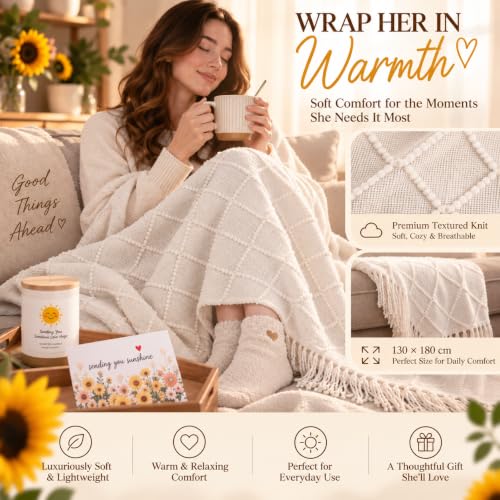 Sunflower Self Care Gift Basket for Women - Cozy Blanket, Fuzzy Socks & More