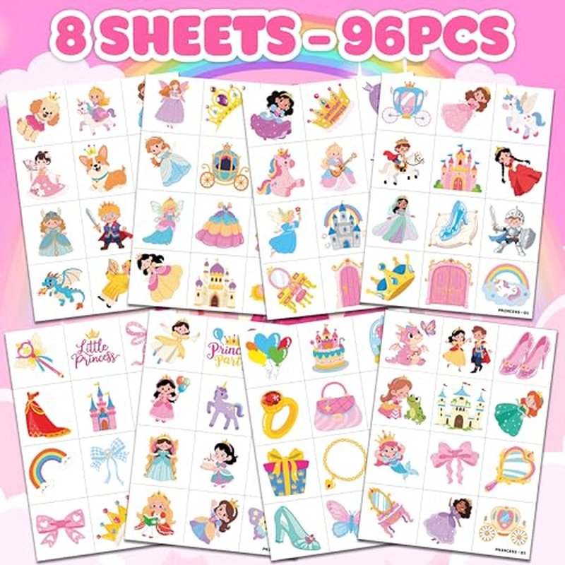 96 PCS Cute Princess Pre-Cut Temporary Tattoos for Kids | Super Cute Princess Themed Birthday Party Favors, Supplies, Decorations, Castle Tattoo Stickers, School Rewards Prizes & Gifts Boys Girls