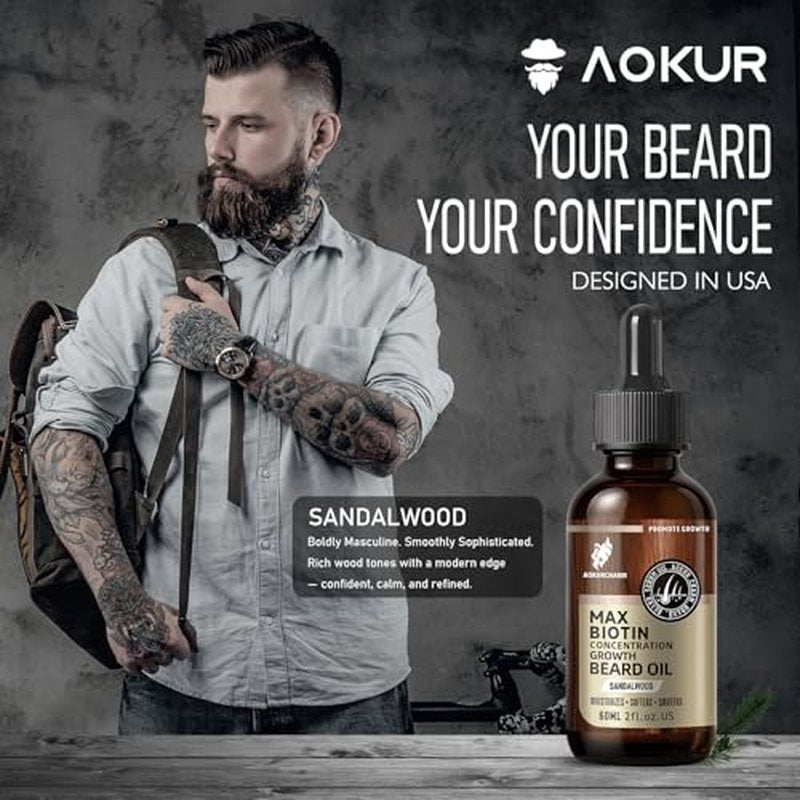 Biotin Beard Growth Oil for Men - Vitamin B5 & Castor Oil Formula, Nourish & Thicken Facial Hair, Daily Beard Care, Styling & Taming, Hydrating, Non-Greasy, Sandalwood 2oz Gift for Him