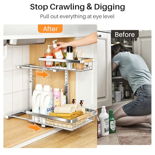 Under Sink Organizer 2-Tier Pull-Out Storage Shelf - Silver, Adjustable Height
