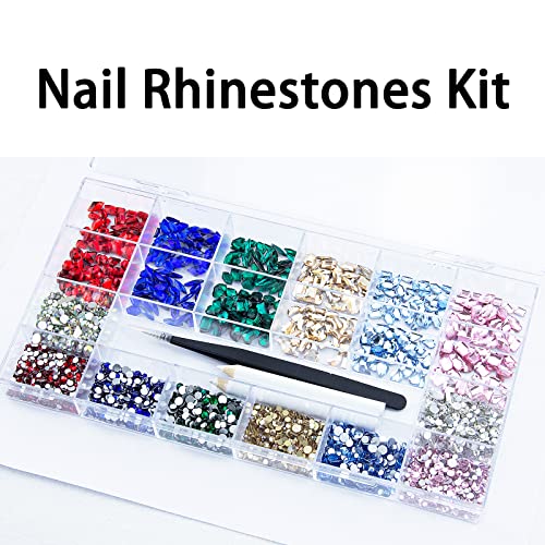 3820 Pcs Rhinestones for Nails, Red Emerald Green Royal Light Lake Blue Gold Nail Rhinestones Crystals Multi Shaped Sized Flatback Nails Glass Gems Crystals for Nails DIY Crafts