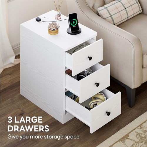 White Nightstand with Charging Station, 3 Drawers Modern Bedroom Side Table