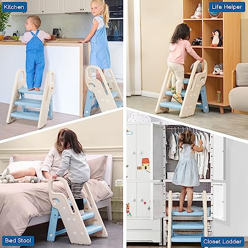 Blue Foldable Toddler Step Stool with Handles - Adjustable 3-Step Bathroom & Kitchen Ladder