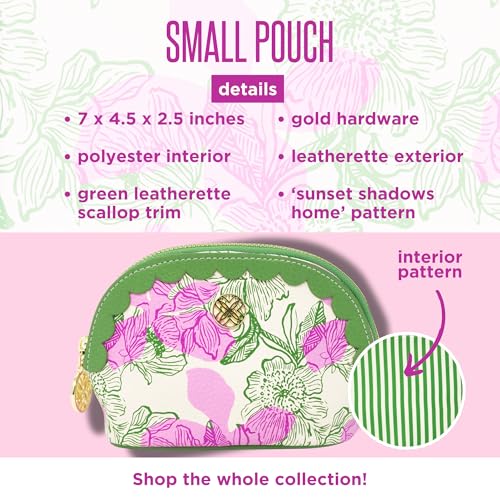 Lilly Pulitzer Vegan Leather Zipper Pouch with Scallop Edge, Cute Pencil Case for Adults, Travel Toiletry Bag, Small Pouch Bag for Supplies, Makeup or Toiletries (Sunset Shadow Home)